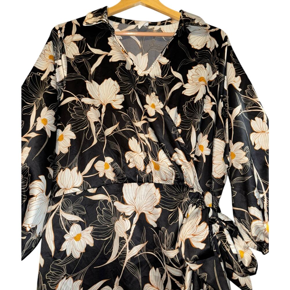 Naif Faux Wrap Satin Dress Women's XL Balloon Sleeve Lilly Floral Wedding Event - Picture 2 of 8